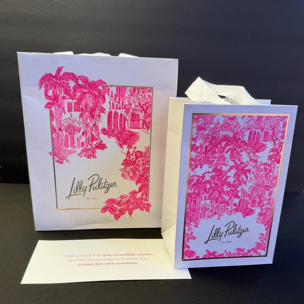 Lilly Pulitzer Pink Palm Gift Bag Set of 2 Small Med Boutique Tote Paper Resort